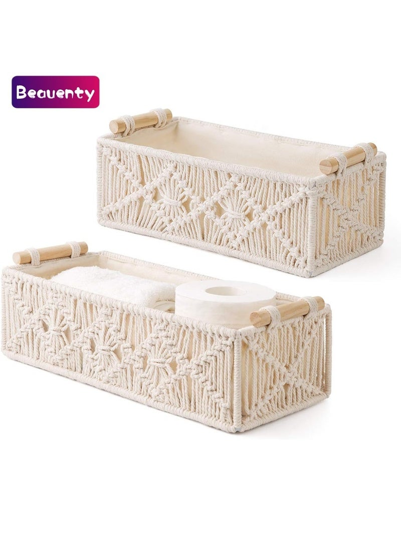 بيوينتي سلال تخزين مكراميه، صناديق زخارف بوهو يدوية الصنع، سلال منسوجة تزيينية لطاولات وخزانات المرحاض والأرفف والخزائن، منظِّم للغرف المعيشة والنوم والمطبخ، مجموعة من قطعتين باللون العاجي. - Image 1